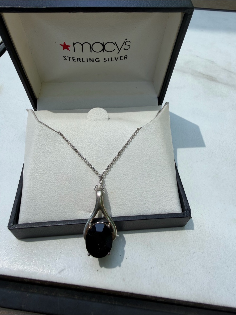Macy's Sterling Silver Necklace with Black Oval Gemstone